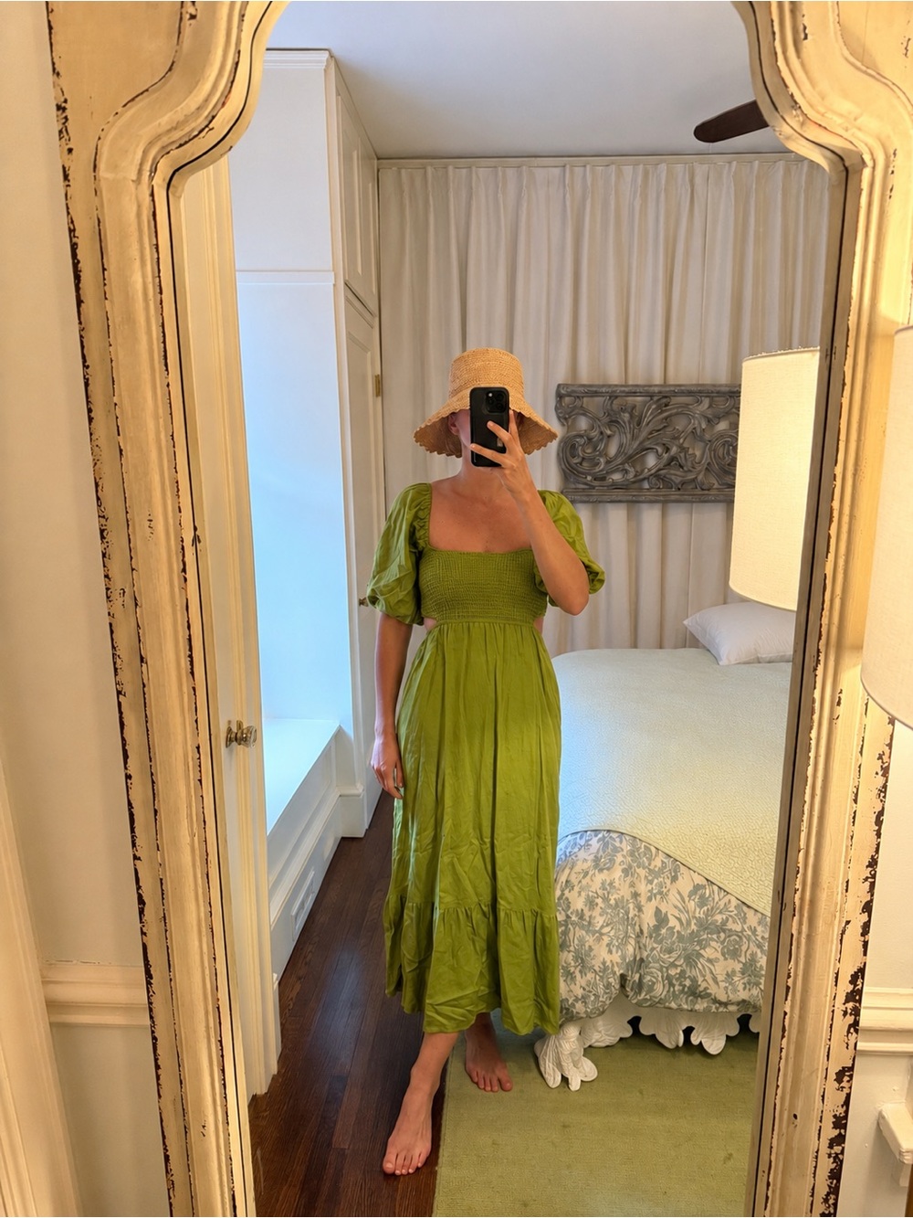 O.P.T. Olive Green Puff-Sleeve Maxi Dress with Smocked Bodice